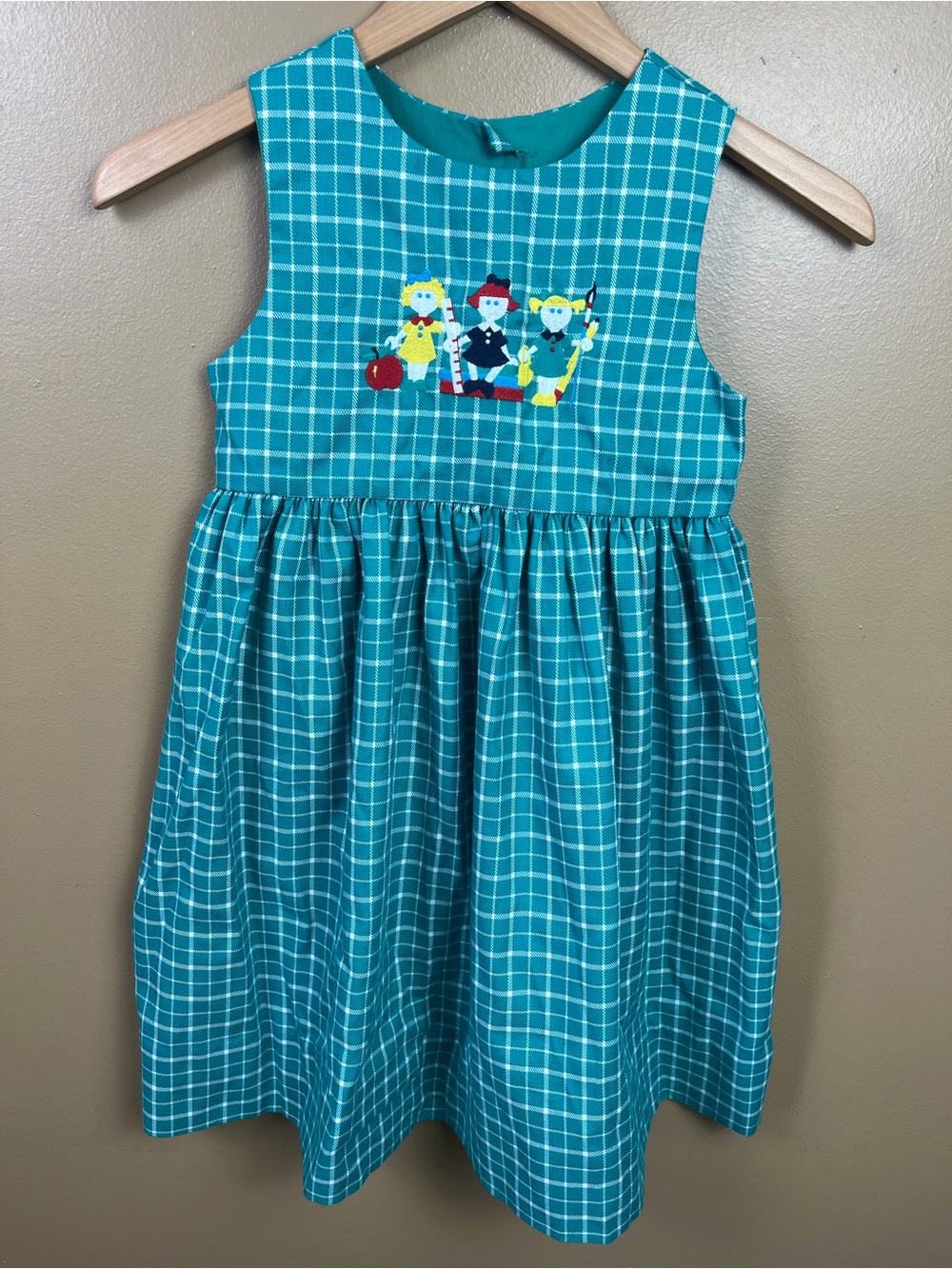 Vintage Fast Friends Kids Girls' Teal Gingham Smocked Dress Size 6